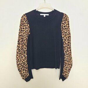 Veronica Beard Women’s Adler Wool Sweater with Leopard Silk Sleeves Size S Black